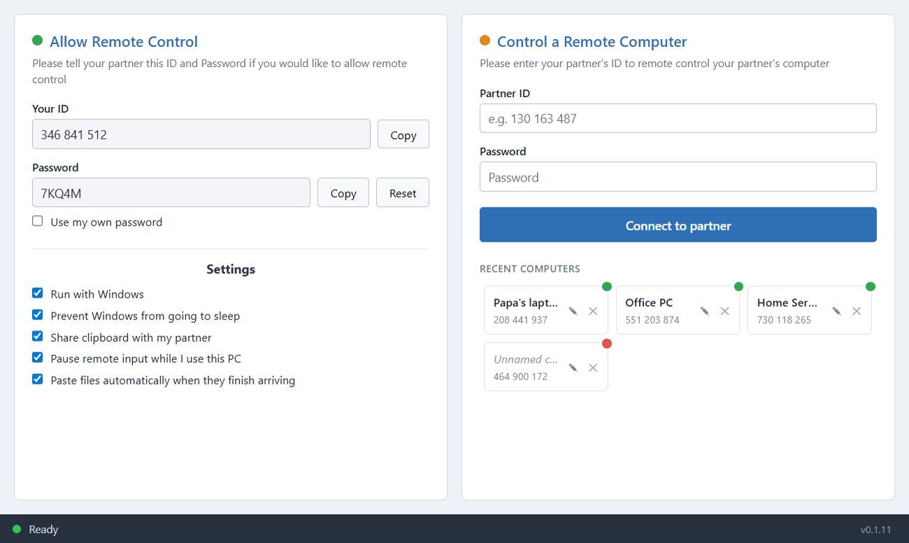 Goyral Remote Access home screen showing your ID and password beside the partner ID box