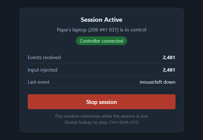 Session Active window with event counters and a Stop session button