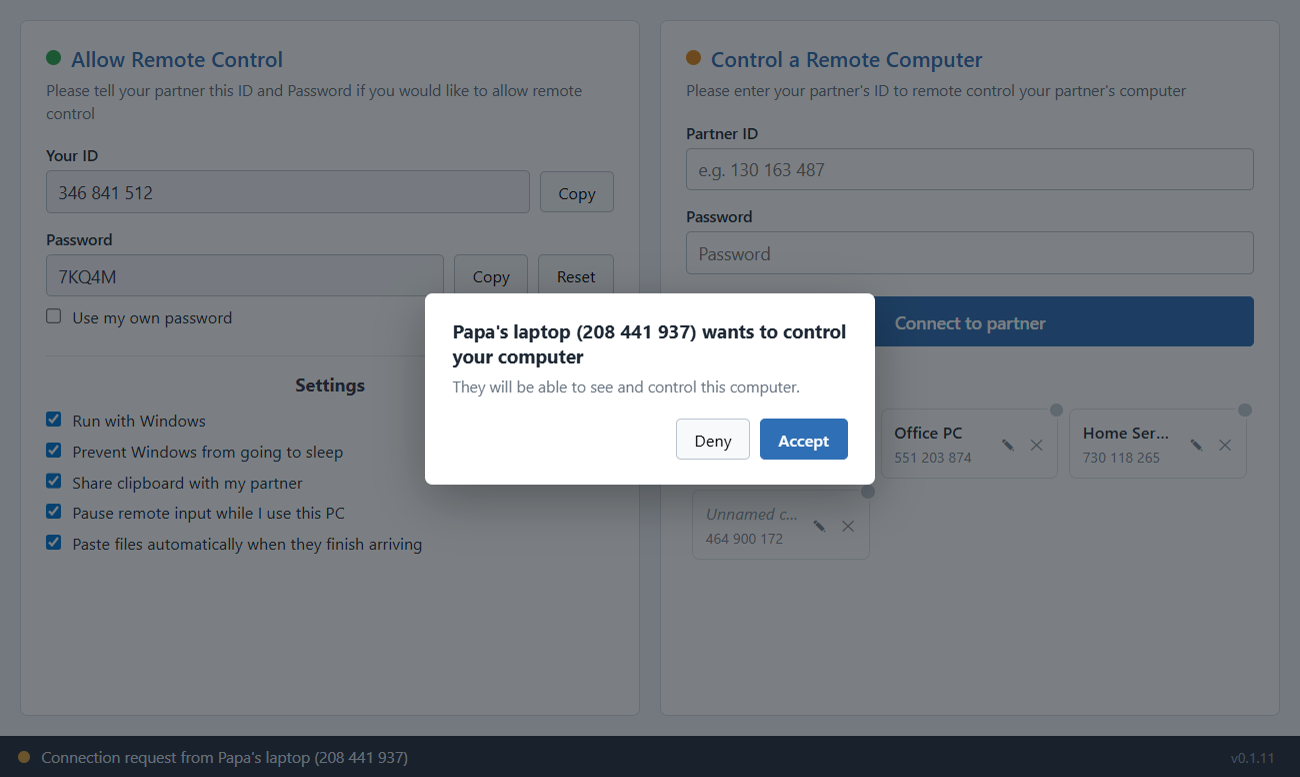Consent prompt asking to accept or deny an incoming connection